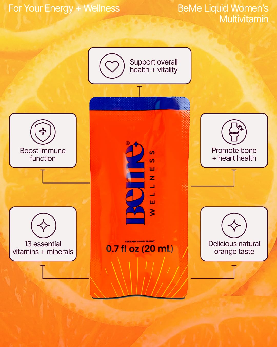BeMe Liquid Multivitamins for Women - Advanced Liquid Delivery System with 13 Vitamins & Minerals - Tear & Go Sachets, Non-GMO, Orange Flavor (15 Sachets) - Maple Wellness Supplements
