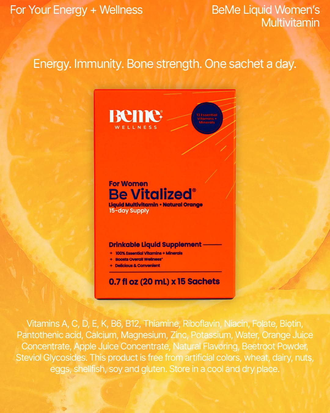 BeMe Liquid Multivitamins for Women - Advanced Liquid Delivery System with 13 Vitamins & Minerals - Tear & Go Sachets, Non-GMO, Orange Flavor (15 Sachets) - Maple Wellness Supplements