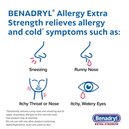 Benadryl Extra Strength Allergy Relief Medicine, 50 mg Diphenhydramine HCl Antihistamine Tablets for Relief of Allergy Symptoms Due to Hay Fever or Other Upper Respiratory Allergies, 24 ct - Maple Wellness Supplements