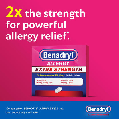 Benadryl Extra Strength Allergy Relief Medicine, 50 mg Diphenhydramine HCl Antihistamine Tablets for Relief of Allergy Symptoms Due to Hay Fever or Other Upper Respiratory Allergies, 24 ct - Maple Wellness Supplements