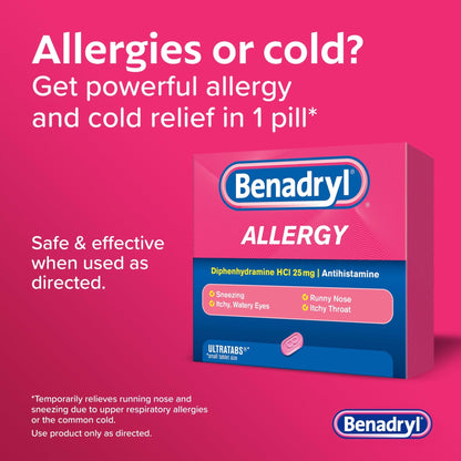 Benadryl Ultratabs Allergy Relief Medicine, 25 mg Diphenhydramine HCl Antihistamine Tablets For Relief of Cold & Allergy Symptoms Like Sneezing, Runny Nose, & Itchy Eyes & Throat, 24 ct - Maple Wellness Supplements
