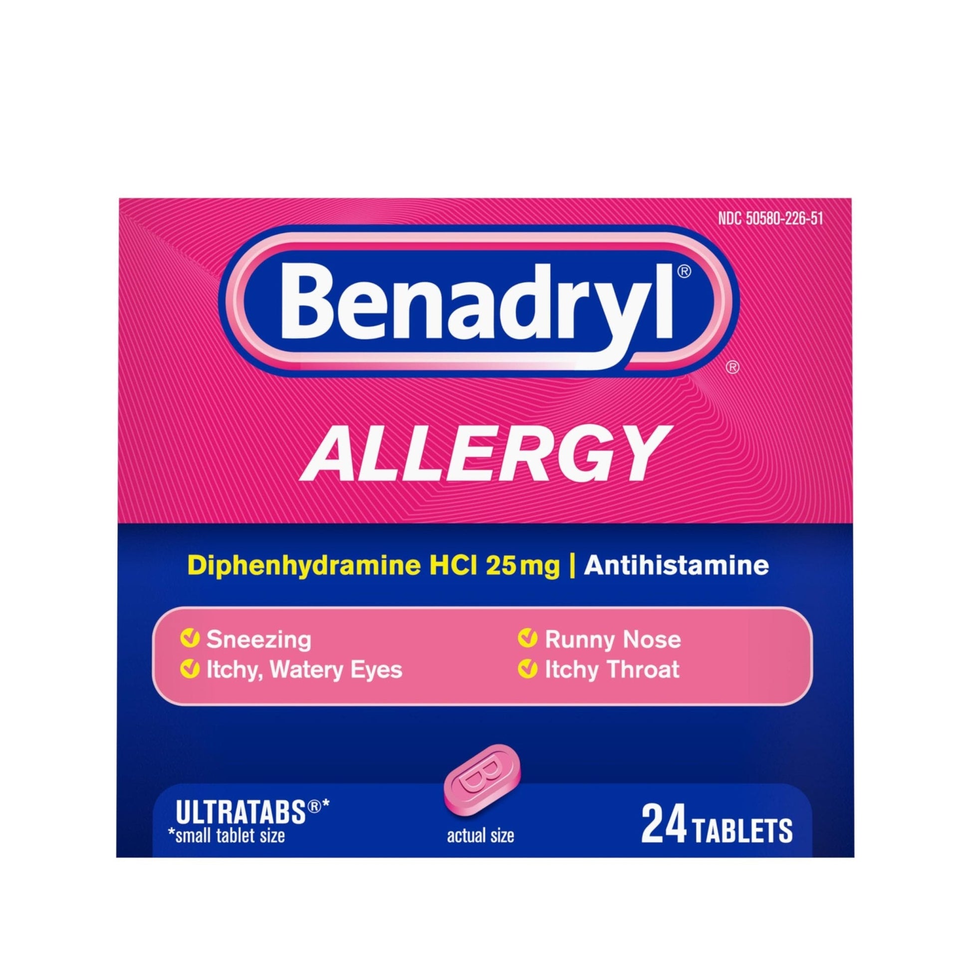Benadryl Ultratabs Allergy Relief Medicine, 25 mg Diphenhydramine HCl Antihistamine Tablets For Relief of Cold & Allergy Symptoms Like Sneezing, Runny Nose, & Itchy Eyes & Throat, 24 ct - Maple Wellness Supplements