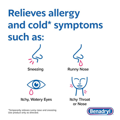 Benadryl Ultratabs Allergy Relief Medicine, 25 mg Diphenhydramine HCl Antihistamine Tablets For Relief of Cold & Allergy Symptoms Like Sneezing, Runny Nose, & Itchy Eyes & Throat, 24 ct - Maple Wellness Supplements