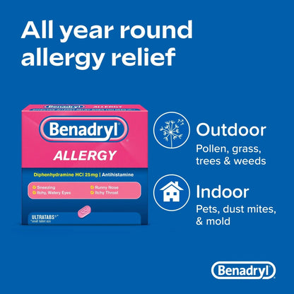 Benadryl Ultratabs Antihistamine Allergy Relief Tablets with 25 mg Diphenhydramine HCl, 100 ct and Tylenol Extra Strength Pain Reliever Rapid Release Gels with 500 mg Acetaminophen, 100 ct - Maple Wellness Supplements