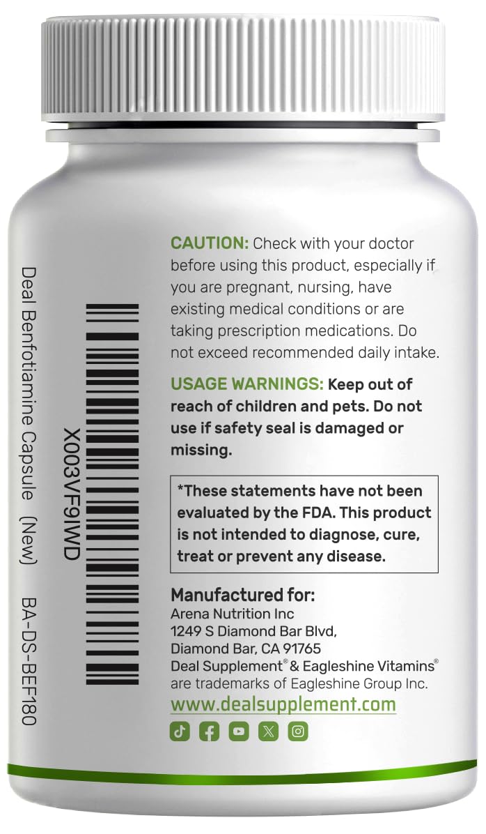 Benfotiamine 600mg Per Serving, 180 Veggie Capsules (300mg Per Cap) – Fat Soluble Vitamin B1 Thiamine Supplement - Maple Wellness Supplements