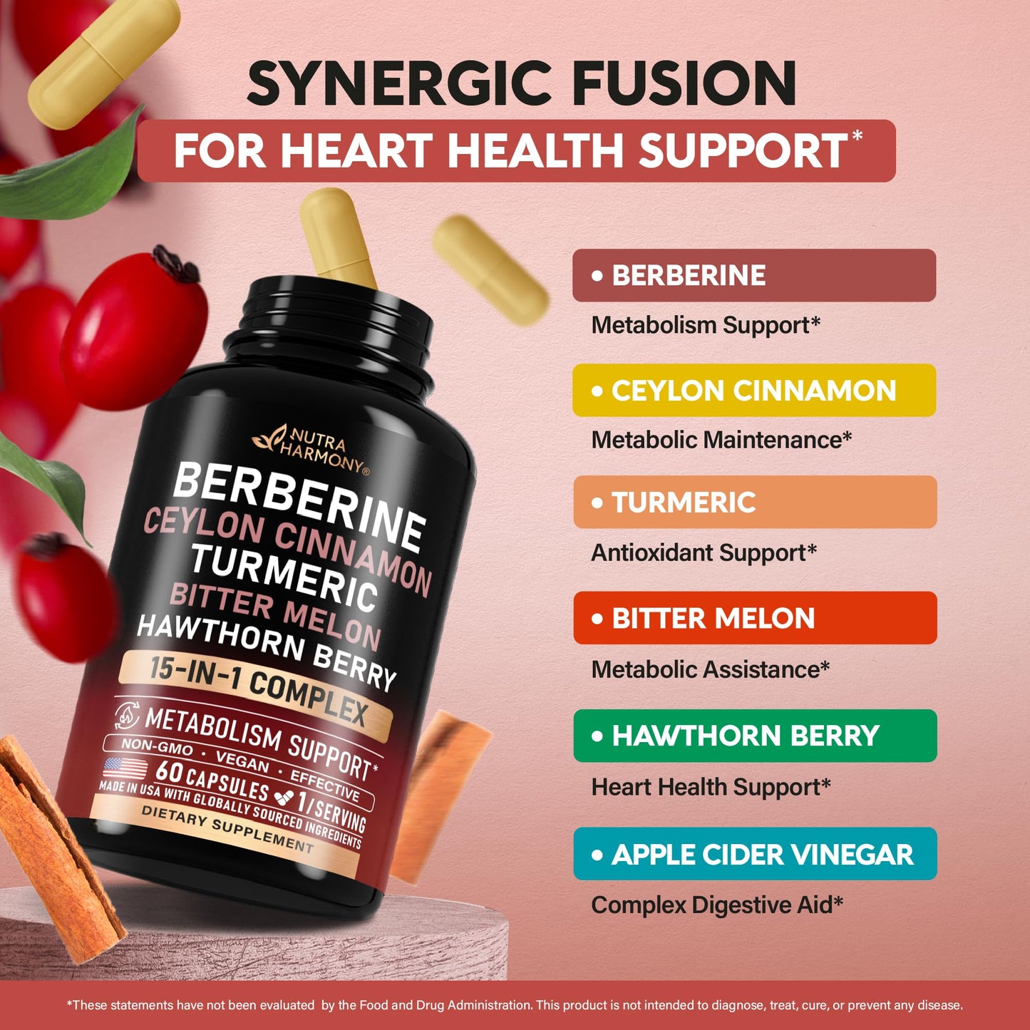 Berberine with Ceylon Cinnamon | Bitter Melon (Karela) | Apple Cider Vinegar | Hawthorn Berry | Citrus Bergamot | Turmeric - 15-in-1 Supplement for Heart Support - Maple Wellness Supplements