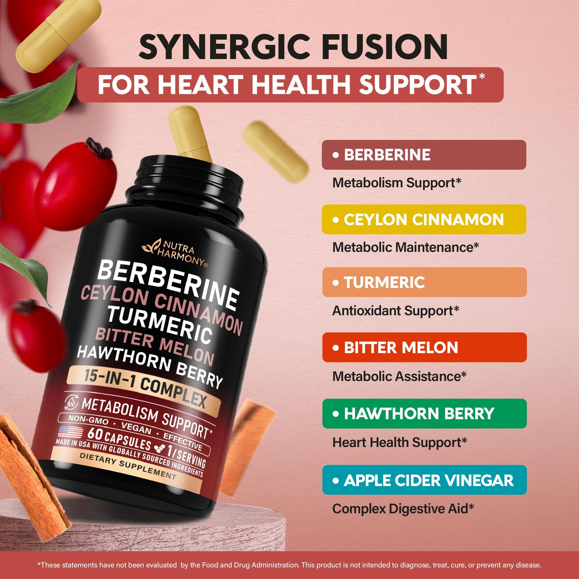 Berberine with Ceylon Cinnamon | Bitter Melon (Karela) | Apple Cider Vinegar | Hawthorn Berry | Citrus Bergamot | Turmeric - 15-in-1 Supplement for Heart Support - Maple Wellness Supplements