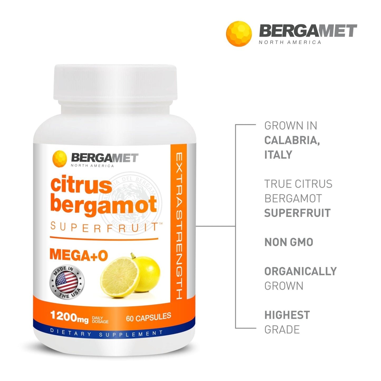 BergaMet Citrus Bergamot Supplement, 170:1 Extract, 1200mg per Serving, 80% Polyphenols, Italian Citrus Bergamot Supplement, - Maple Wellness Supplements