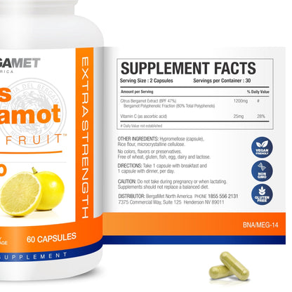 BergaMet Citrus Bergamot Supplement, 170:1 Extract, 1200mg per Serving, 80% Polyphenols, Italian Citrus Bergamot Supplement, - Maple Wellness Supplements