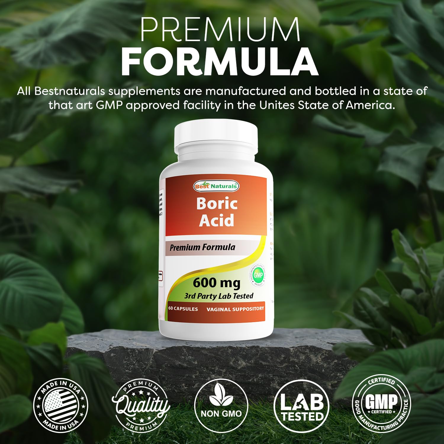 Best Naturals Boric Acid Vaginal Suppositories - Made in USA - USP Medical Grade Fine Powder, Easy Dissolve, Third Party Tested - 60 Count - Maple Wellness Supplements