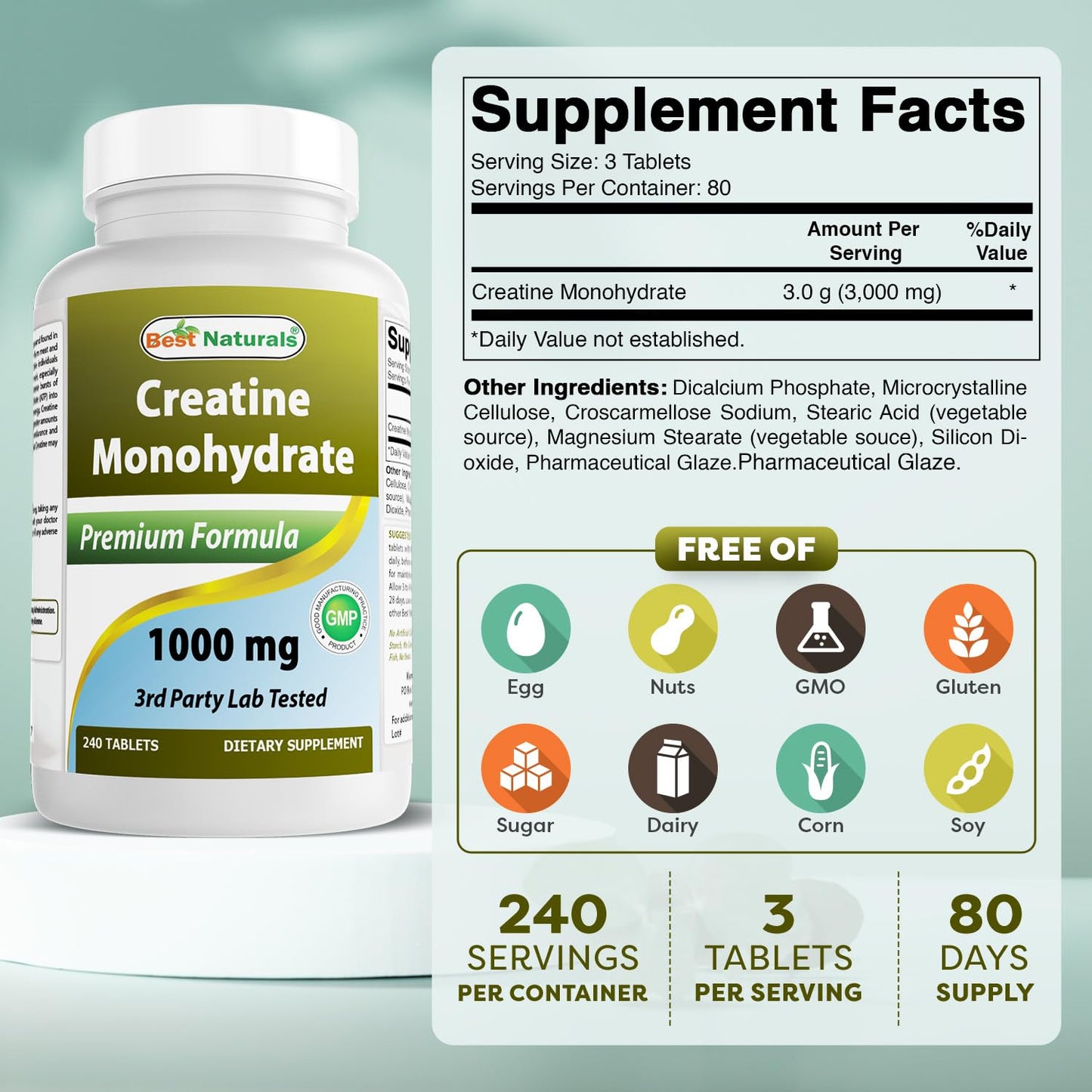 Best Naturals Creatine Monohydrate 1000 mg 240 Tablets - Maple Wellness Supplements