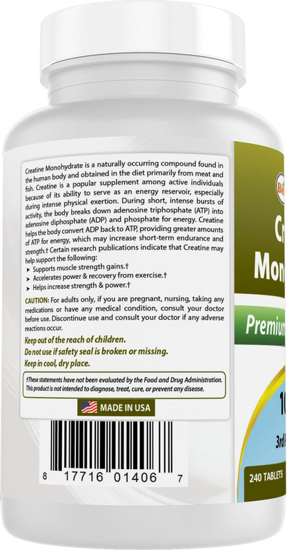 Best Naturals Creatine Monohydrate 1000 mg 240 Tablets - Maple Wellness Supplements