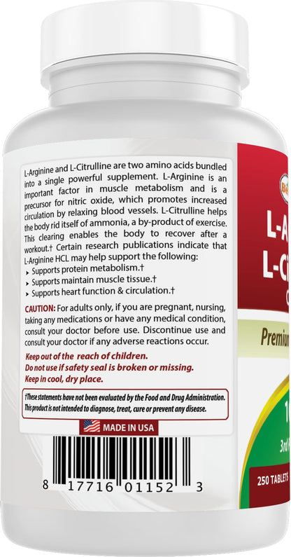 Best Naturals L-Arginine L-Citruline Complex Tablets, 250 Count - Maple Wellness Supplements