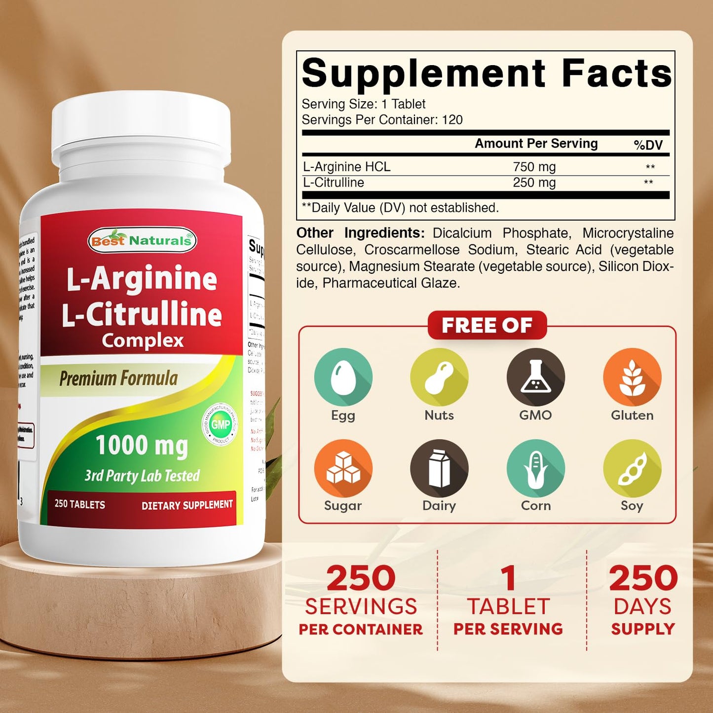 Best Naturals L-Arginine L-Citruline Complex Tablets, 250 Count - Maple Wellness Supplements
