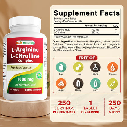 Best Naturals L-Arginine L-Citruline Complex Tablets, 250 Count - Maple Wellness Supplements