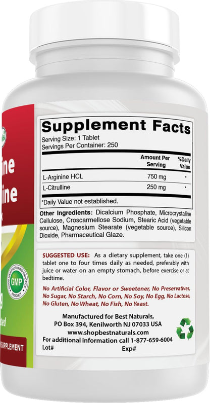 Best Naturals L-Arginine L-Citruline Complex Tablets, 250 Count - Maple Wellness Supplements