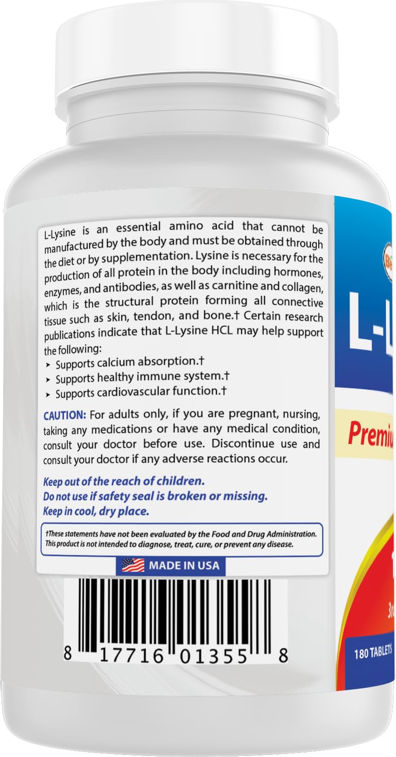 Best Naturals L-Lysine 1000mg 180 Tablets - Double Strength Lysine for stronger immune health & cold sores - Maple Wellness Supplements