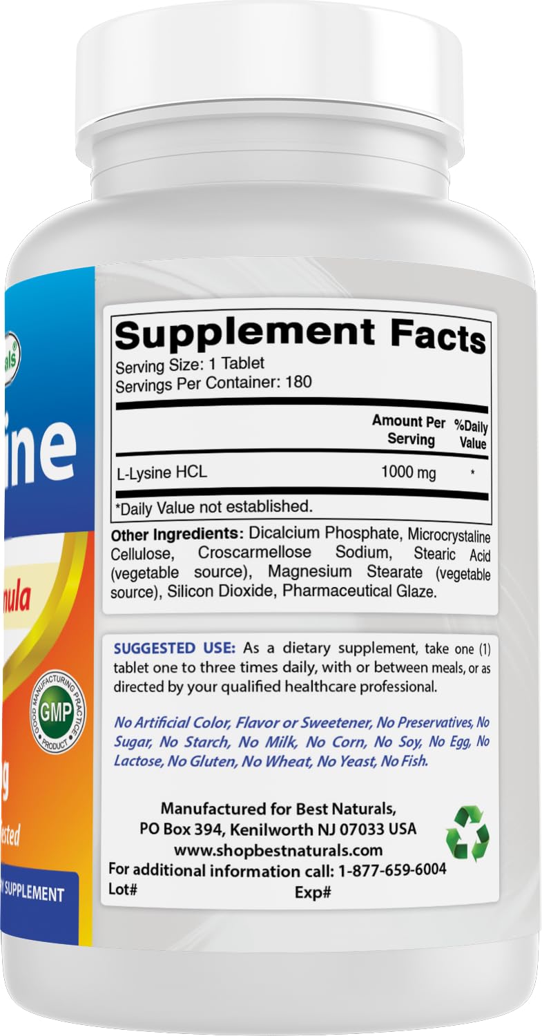 Best Naturals L-Lysine 1000mg 180 Tablets - Double Strength Lysine for stronger immune health & cold sores - Maple Wellness Supplements