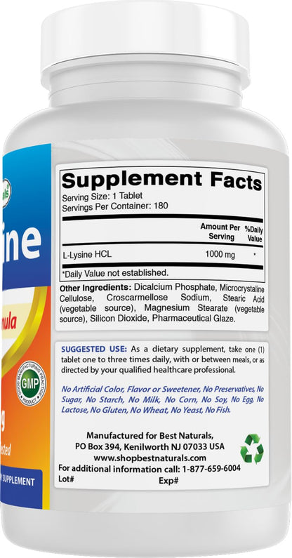 Best Naturals L-Lysine 1000mg 180 Tablets - Double Strength Lysine for stronger immune health & cold sores - Maple Wellness Supplements