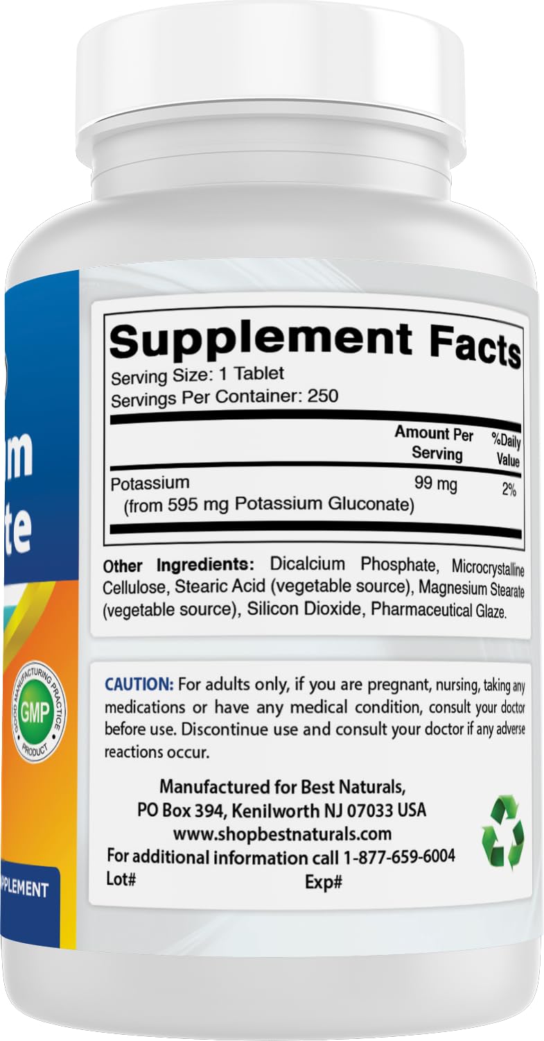 Best Naturals Potassium Gluconate Supplement 595 Mg Tablet, 250Count - Maple Wellness Supplements
