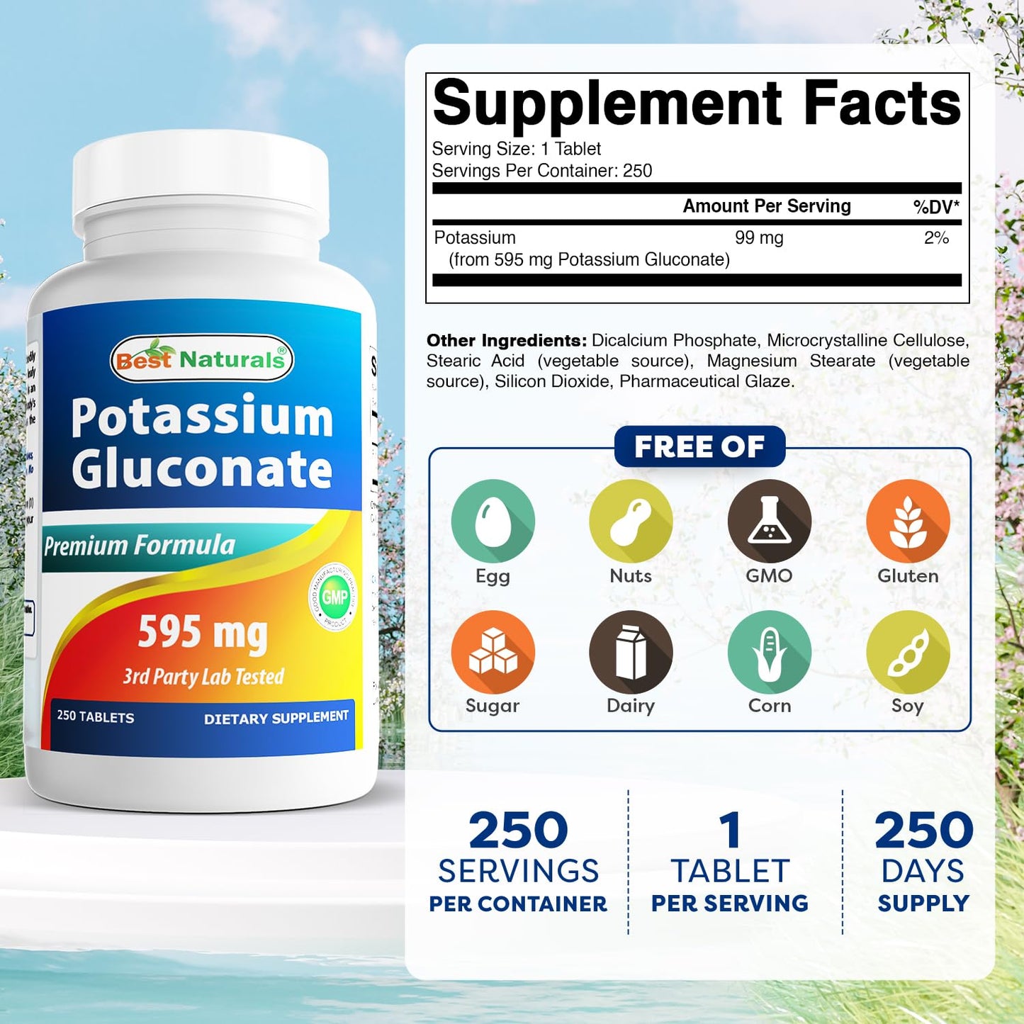 Best Naturals Potassium Gluconate Supplement 595 Mg Tablet, 250Count - Maple Wellness Supplements