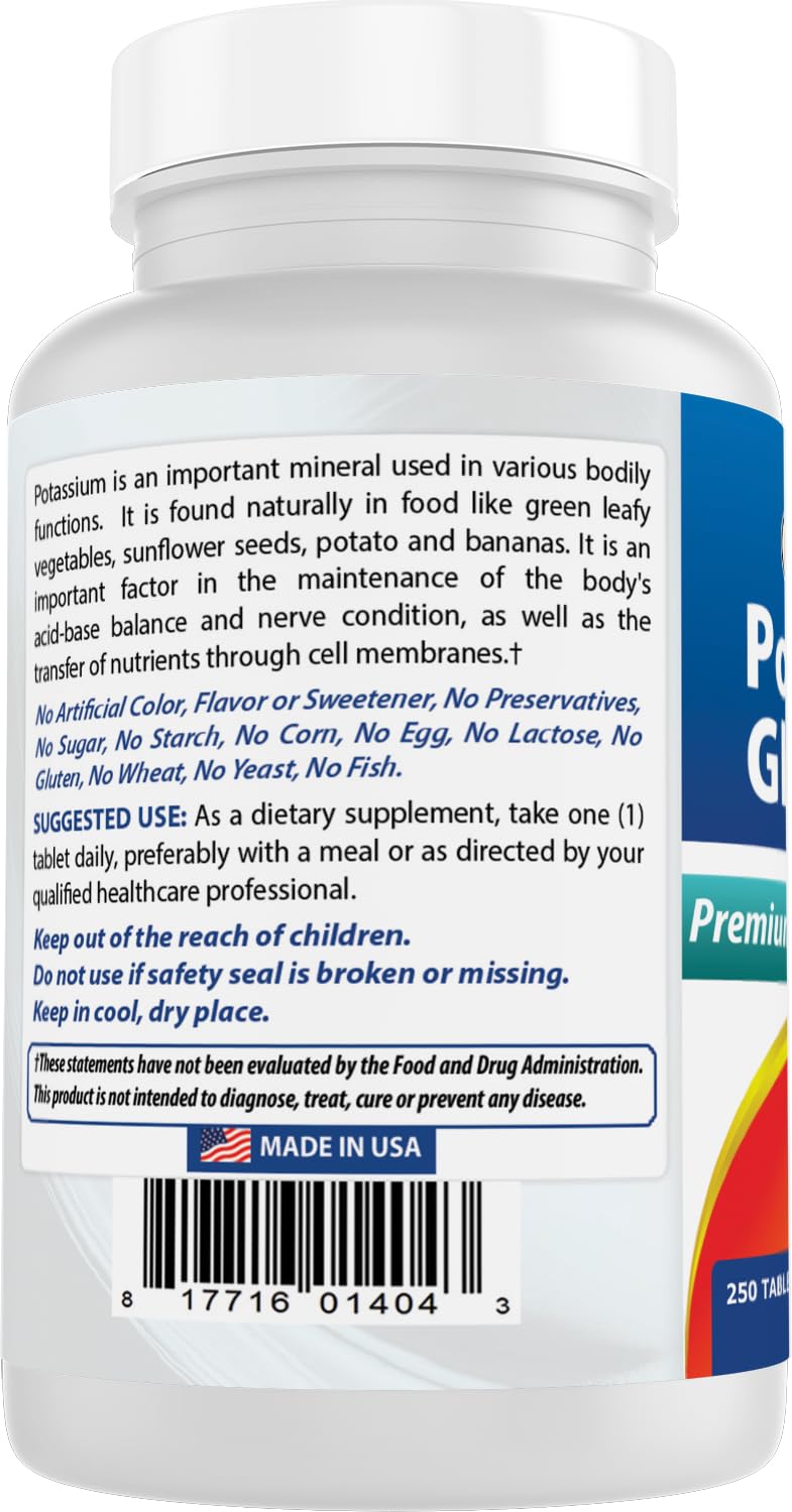 Best Naturals Potassium Gluconate Supplement 595 Mg Tablet, 250Count - Maple Wellness Supplements