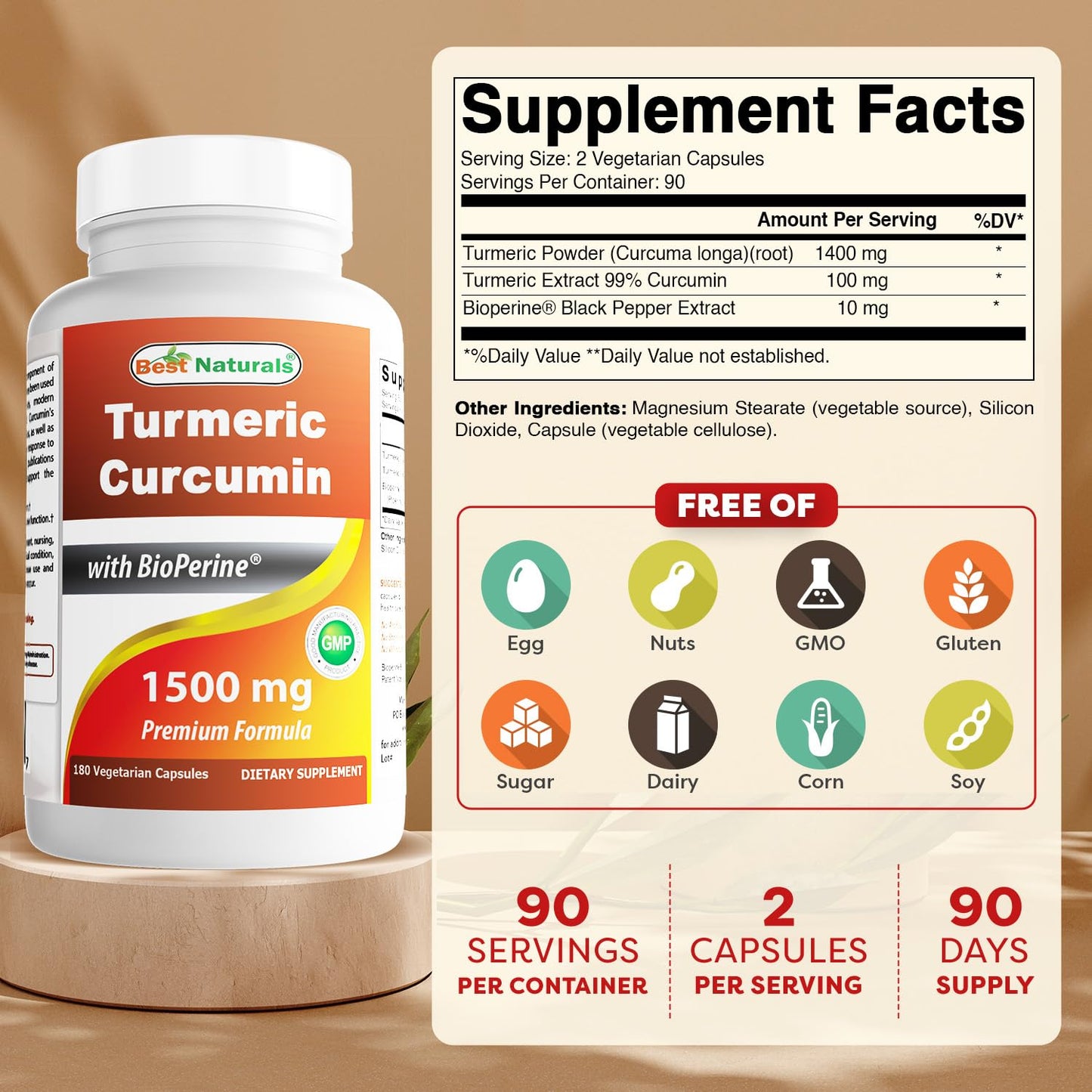 Best Naturals Turmeric Curcumin 1500mg/Serving with Bioperine - 180 Veggie Capsules - Maple Wellness Supplements