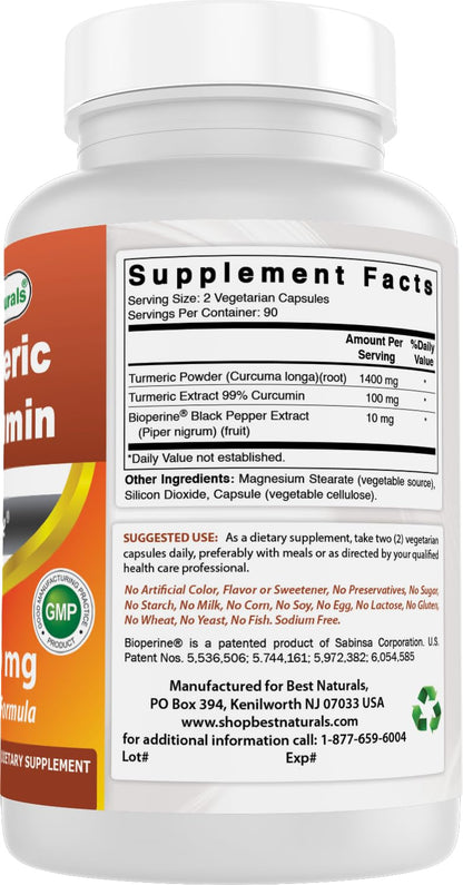 Best Naturals Turmeric Curcumin 1500mg/Serving with Bioperine - 180 Veggie Capsules - Maple Wellness Supplements