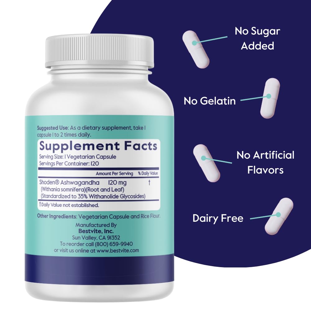 BESTVITE Advanced Ashwagandha 120mg w/Shoden (120 Vegetarian Capsules) - Clinically Studied Containing Industry Leading 35% Withanolide Glycosides - No Stearates - Vegan - Non GMO - Gluten Free - Maple Wellness Supplements