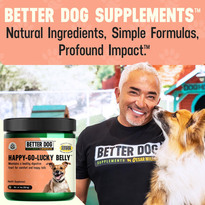 Better Dog Supplements Happy-Go-Lucky Belly by Cesar Millan - Natural Dog Digestive Support Powder – Dog Constipation Relief, Gut Balance & Regularity with Herbal Fiber for Dogs – 4oz (60-Day Supply) - Maple Wellness Supplements