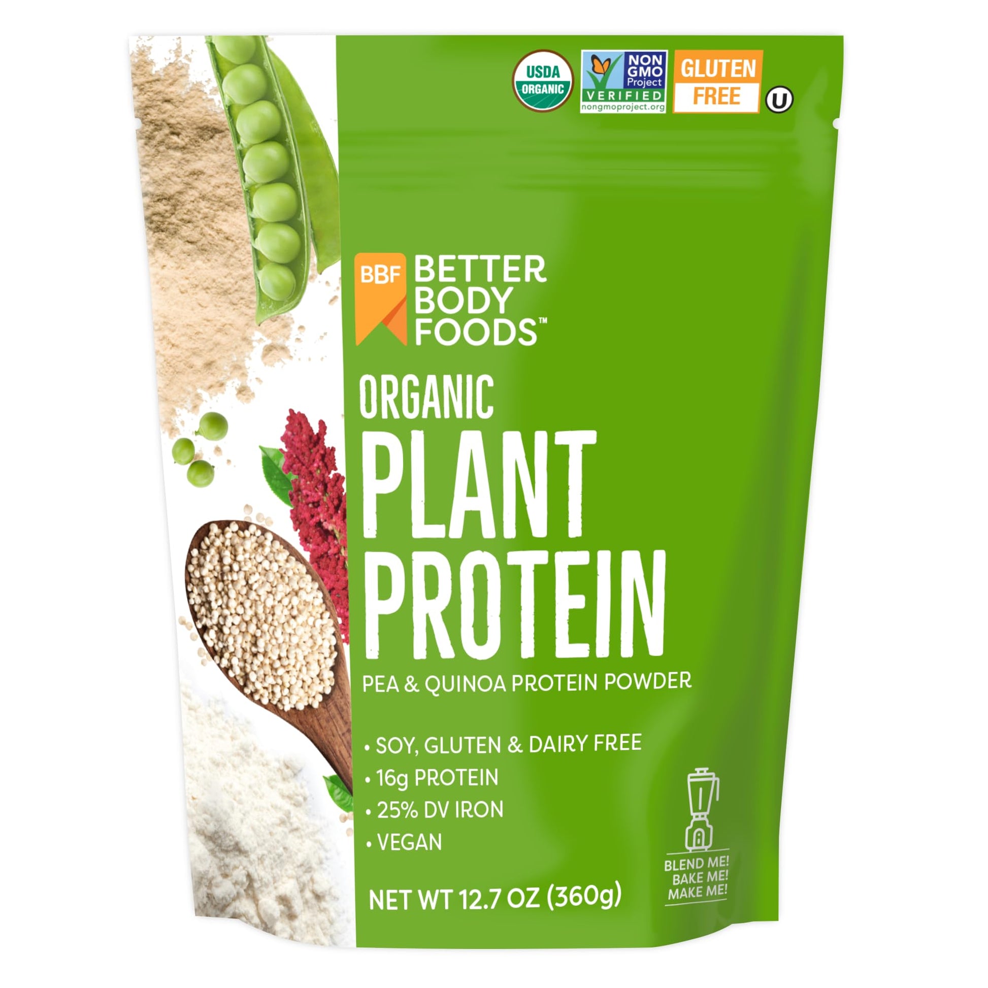 BetterBody Foods Organic Plant Based Protein Powder, 16g of Protein 24% DV, Vegan, Low Net Carbs, Gluten Free, Dairy Free, No Sugar Added, Soy Free, Non-GMO, 12.7 Ounces - Maple Wellness Supplements