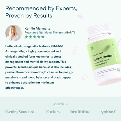 Bettervits Ashwagandha Complex with Passion Flower and Vitamin B – KSM-66® Organic Root Extract 800 mg – Supports Calm, Energy and Emotional Balance – 60 Capsules - Maple Wellness Supplements