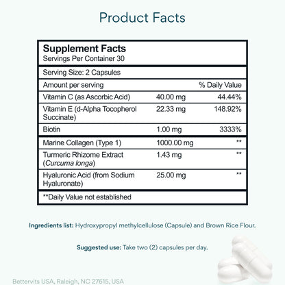 Bettervits Collagen Peptides Complex with Hyaluronic Acid & Turmeric | Hydrolyzed Marine Collagen Supplements for Women & Men | Collagen with Vitamin C for Skin, Hair, Nails & Joints – 60 Capsules - Maple Wellness Supplements