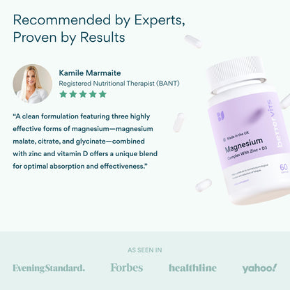 Bettervits Magnesium Glycinate Complex with Citrate Malate Zinc & Vitamin D3 | High Absorption Pure Magnesium 225mg Supplement Chelated Formula for Muscle Relaxation, Sleep Support – 60 Capsules - Maple Wellness Supplements