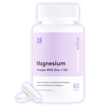 Bettervits Magnesium Glycinate Complex with Citrate Malate Zinc & Vitamin D3 | High Absorption Pure Magnesium 225mg Supplement Chelated Formula for Muscle Relaxation, Sleep Support – 60 Capsules - Maple Wellness Supplements