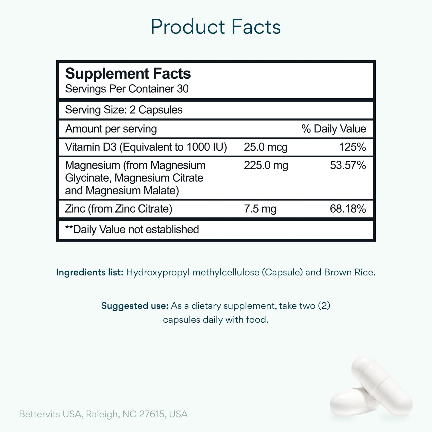 Bettervits Magnesium Glycinate Complex with Citrate Malate Zinc & Vitamin D3 | High Absorption Pure Magnesium 225mg Supplement Chelated Formula for Muscle Relaxation, Sleep Support – 60 Capsules - Maple Wellness Supplements