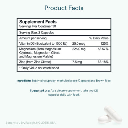 Bettervits Magnesium Glycinate Complex with Citrate Malate Zinc & Vitamin D3 | High Absorption Pure Magnesium 225mg Supplement Chelated Formula for Muscle Relaxation, Sleep Support – 60 Capsules - Maple Wellness Supplements
