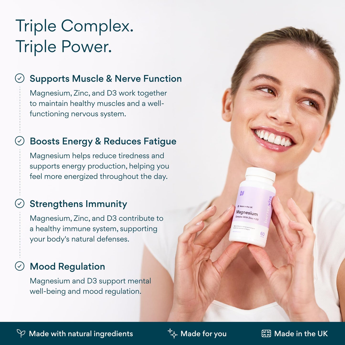Bettervits Magnesium Glycinate Complex with Citrate Malate Zinc & Vitamin D3 | High Absorption Pure Magnesium 225mg Supplement Chelated Formula for Muscle Relaxation, Sleep Support – 60 Capsules - Maple Wellness Supplements