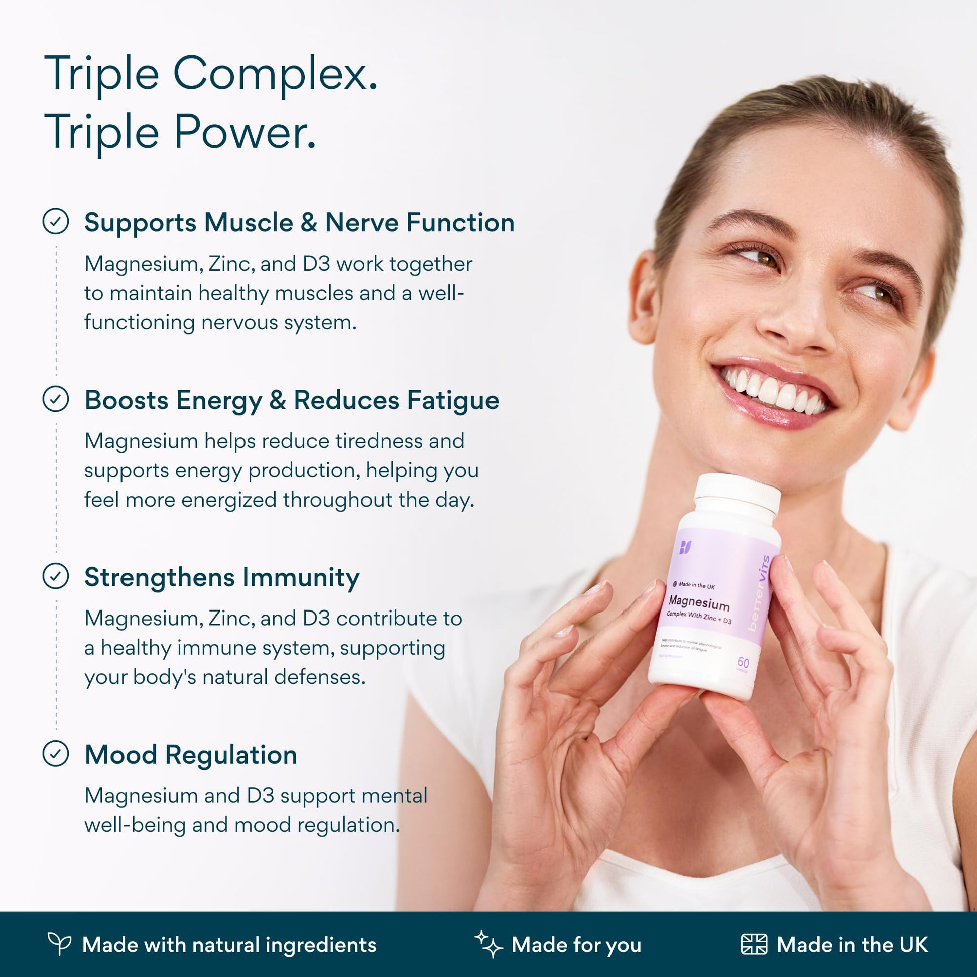 Bettervits Magnesium Glycinate Complex with Citrate Malate Zinc & Vitamin D3 | High Absorption Pure Magnesium 225mg Supplement Chelated Formula for Muscle Relaxation, Sleep Support – 60 Capsules - Maple Wellness Supplements