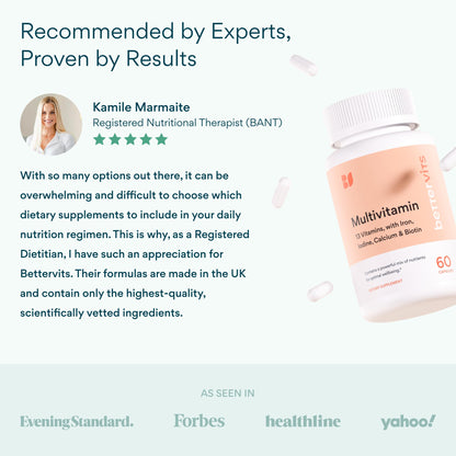 Bettervits Multivitamin for Women & Men | Womens Daily Multivitamin with 13 Essential Vitamins Iron, Iodine, Calcium and Biotin | Vitamins A, K2, D3, C, B1, B2, B3, B5, B6, B7, B9, B12 | 60 Capsules - Maple Wellness Supplements