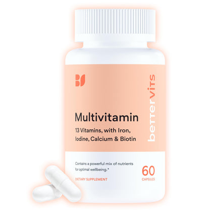 Bettervits Multivitamin for Women & Men | Womens Daily Multivitamin with 13 Essential Vitamins Iron, Iodine, Calcium and Biotin | Vitamins A, K2, D3, C, B1, B2, B3, B5, B6, B7, B9, B12 | 60 Capsules - Maple Wellness Supplements