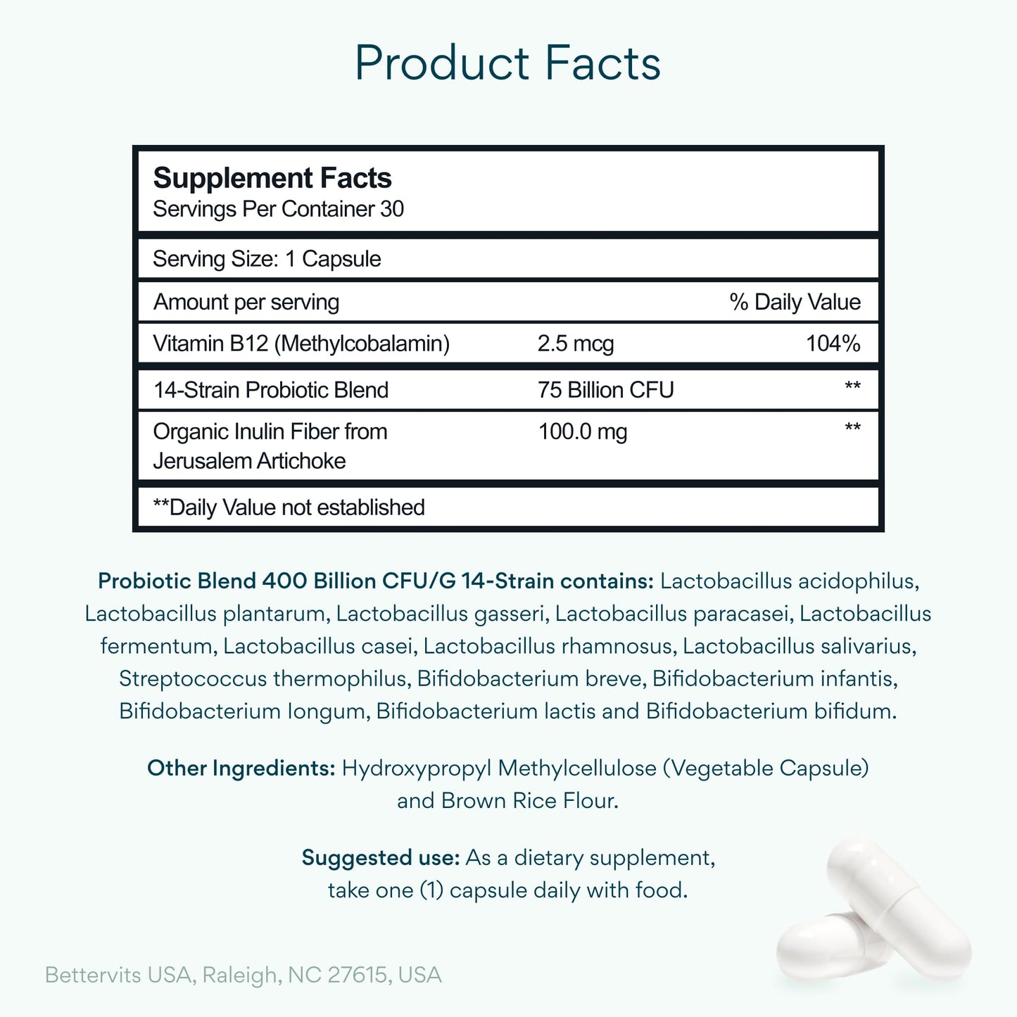 Bettervits Probiotics for Women & Men – 75 Billion CFU | Digestive Health and Gut Support Prebiotic | 14 Clinically Studied Strains with Vitamin B12, - Maple Wellness Supplements