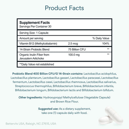 Bettervits Probiotics for Women & Men – 75 Billion CFU | Digestive Health and Gut Support Prebiotic | 14 Clinically Studied Strains with Vitamin B12, - Maple Wellness Supplements