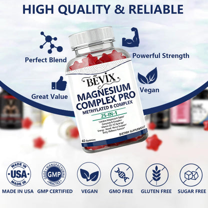 BEVIX Magnesium Complex Gummies with Methylated B Complex Magnesium Glycinate Citrate Malate Taurate Gluconate Aspartate Carbonate D3 K2, Magnesium for Relaxation Energy & Nerve, 60 Gummies - Maple Wellness Supplements