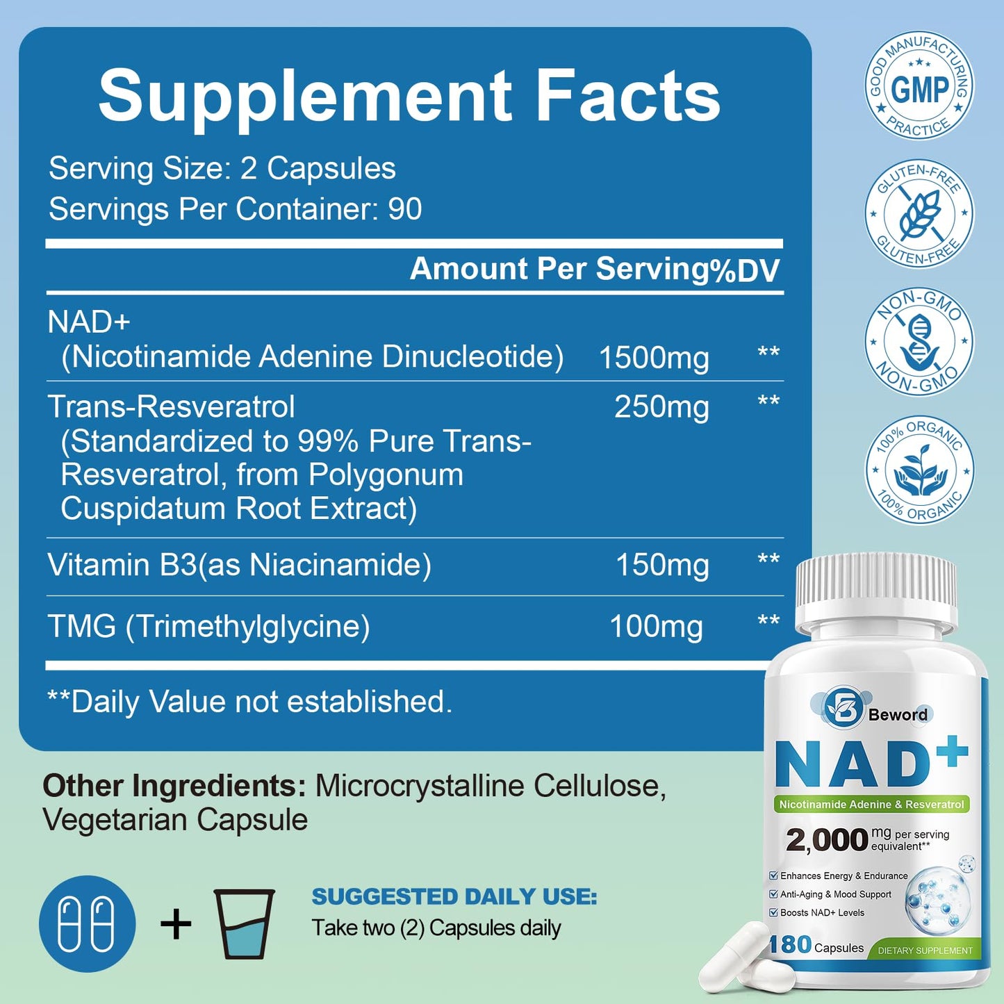 BEWORD Liposomal NAD 2000 Mg, 180 Capsules, 4-in-1 Formula with Liposomal NAD, Trans-Resveratrol, Non-GMO | Energy Support - Maple Wellness Supplements