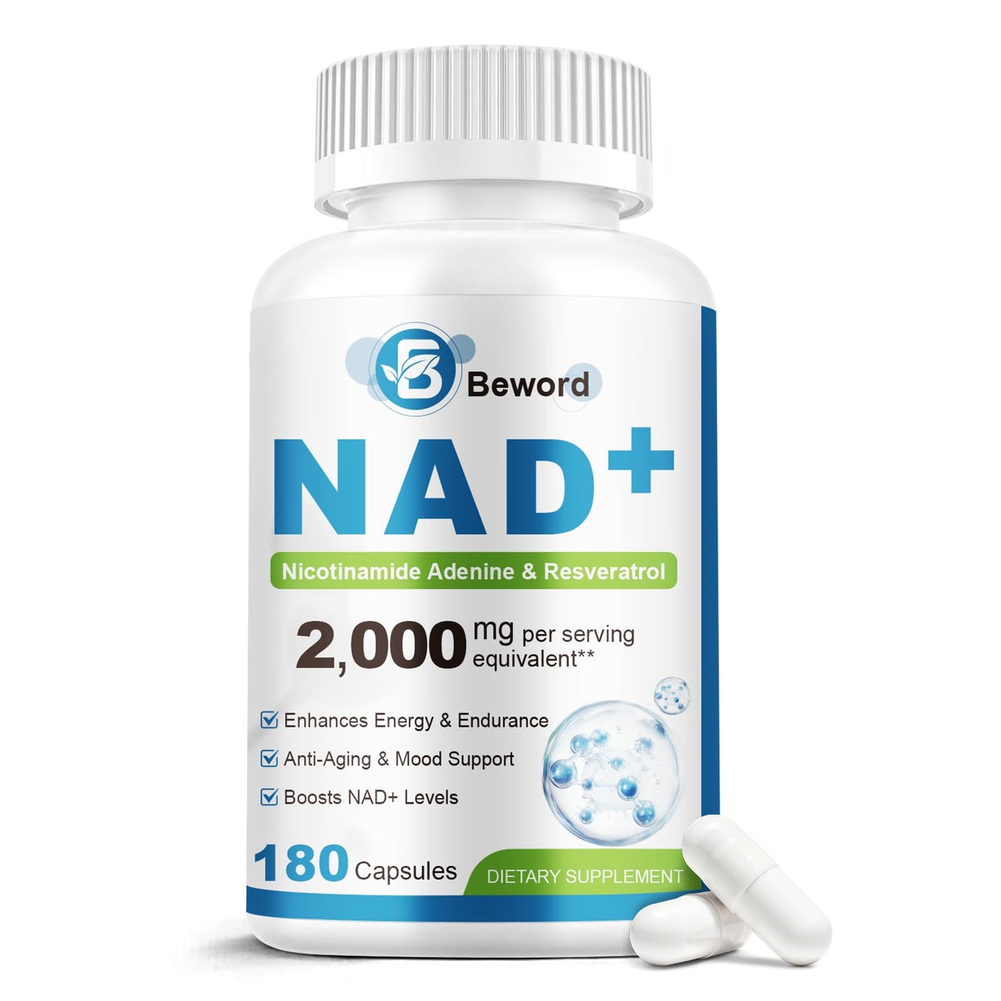BEWORD Liposomal NAD 2000 Mg, 180 Capsules, 4-in-1 Formula with Liposomal NAD, Trans-Resveratrol, Non-GMO | Energy Support - Maple Wellness Supplements