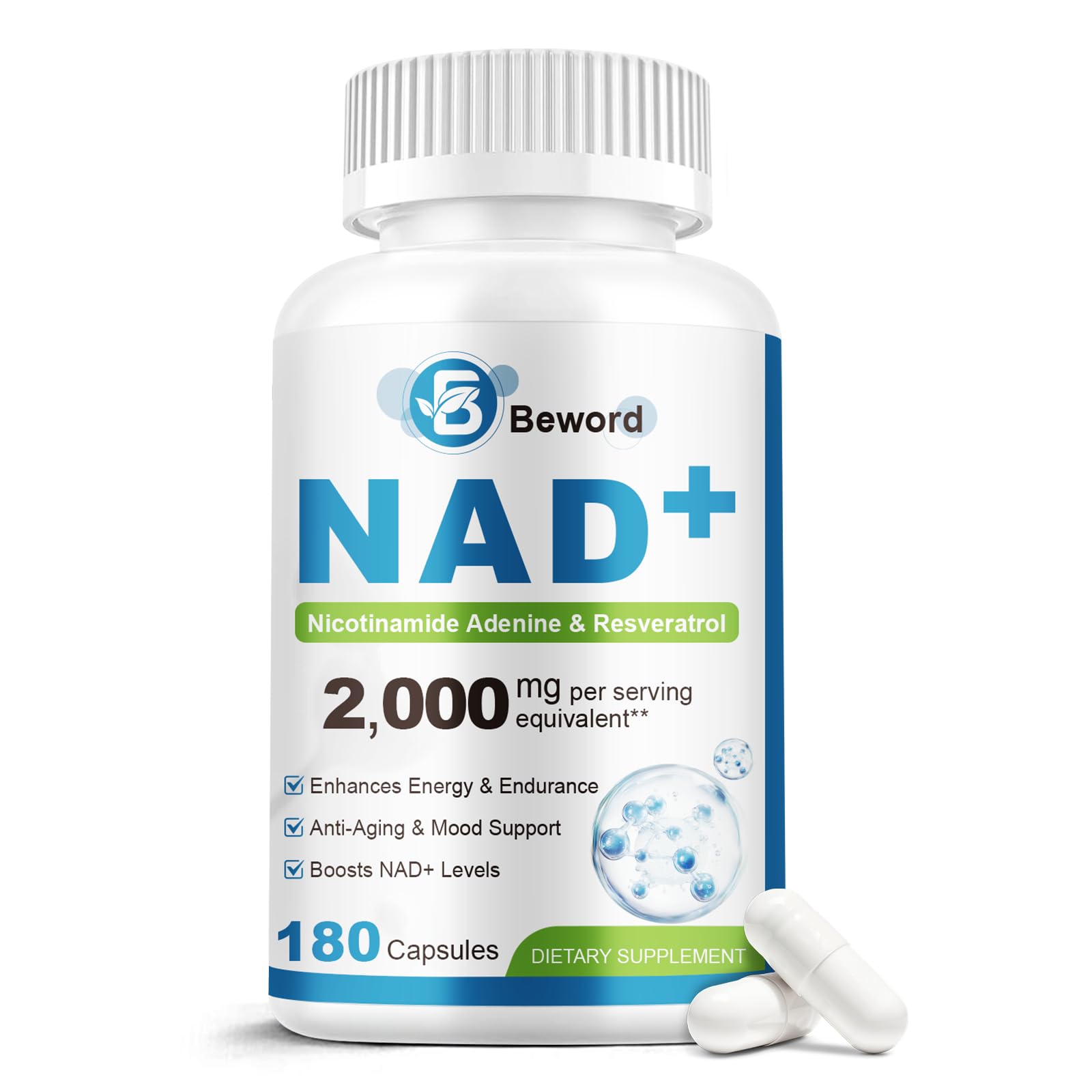 BEWORD Liposomal NAD 2000 Mg, 180 Capsules, 4-in-1 Formula with Liposomal NAD, Trans-Resveratrol, Non-GMO | Energy Support - Maple Wellness Supplements