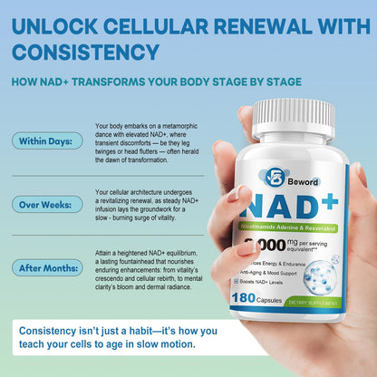 BEWORD Liposomal NAD 2000 Mg, 180 Capsules, 4-in-1 Formula with Liposomal NAD, Trans-Resveratrol, Non-GMO | Energy Support - Maple Wellness Supplements