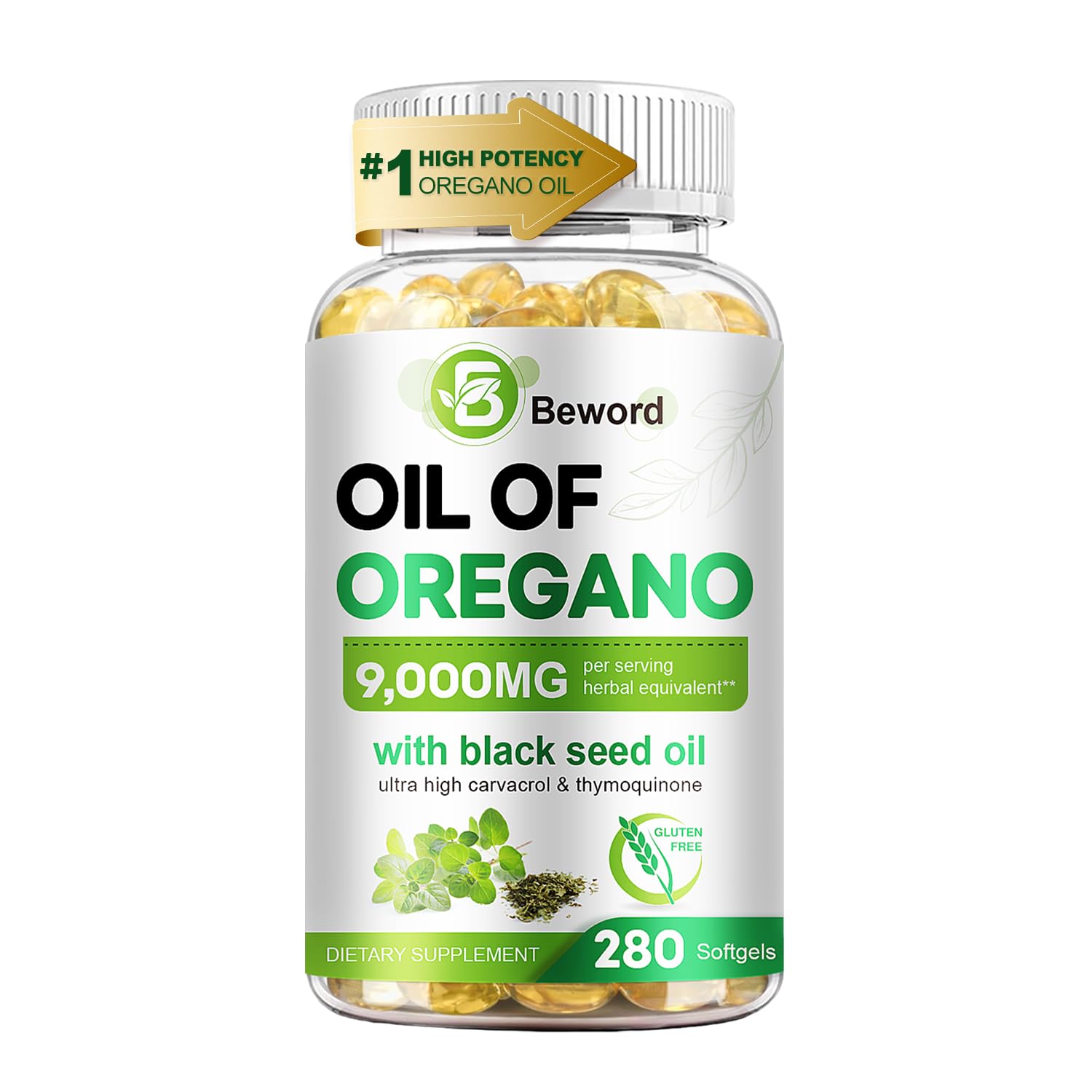 BEWORD Oil of Oregano with Black Seed Oil, 280 Softgels, 9000mg Per Serving – 2-in-1 Oregano Supplement for Immune Health with High Carvacrol & Thymoquinone | Plant-Based, Non-GMO - Maple Wellness Supplements