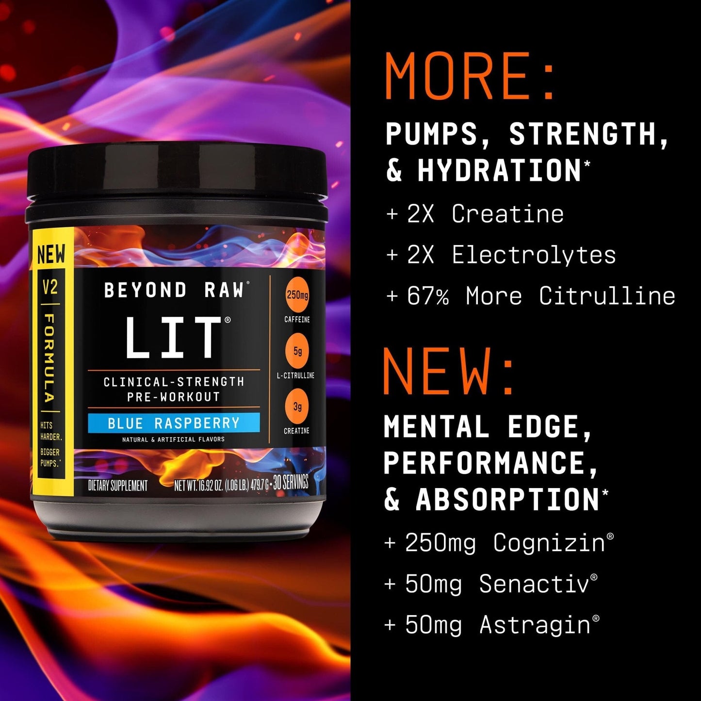 BEYOND RAW LIT V2 Clinical Strength Pre Workout Powder, Hits Harder, Bigger Pumps, Caffeine, L-Citrulline, Creatine, Blue Raspberry, 30 Servings - Maple Wellness Supplements